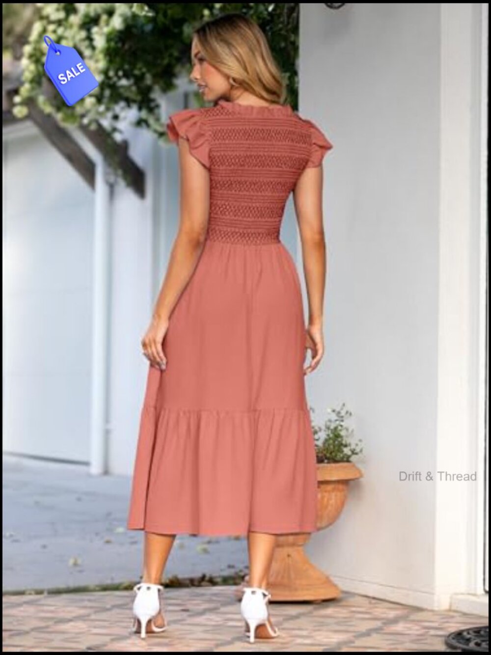 Women's Boho Smocked Waist Midi Dress with Pockets - Picture 4 of 6
